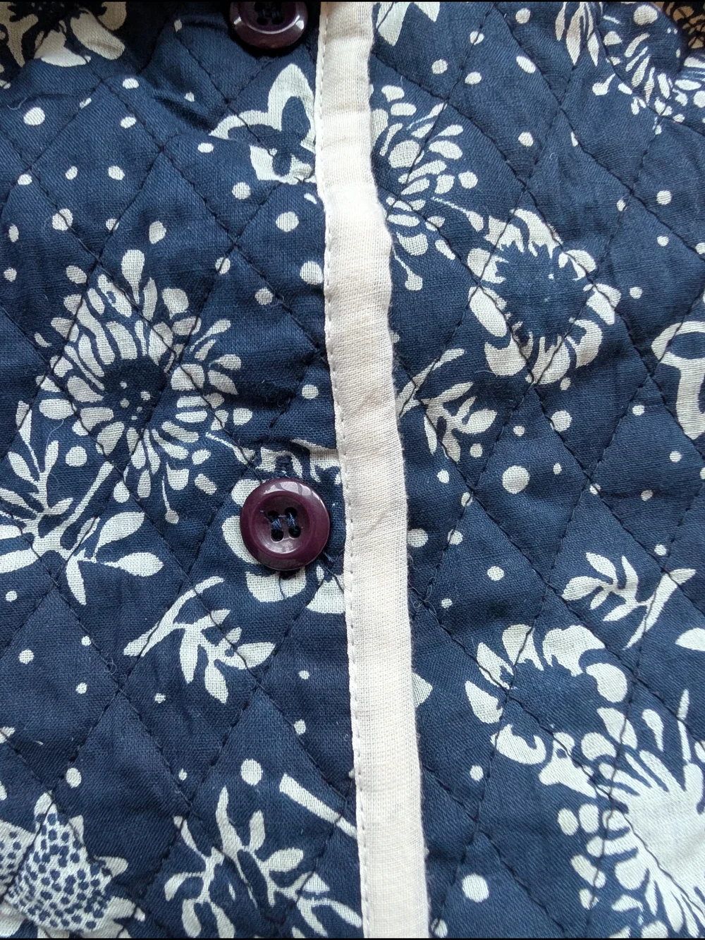 Vintage Navy Blue Quilted Floral Vest with Cream Trim XL 100% Cotton